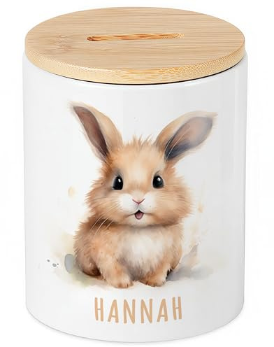 Hase Spardose für Kinder personalisiert mit Namen Sparschwein aus Keramik mit Bambusdeckel Geschenk für Mädchen & Jungen