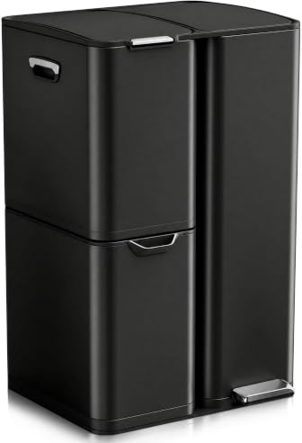 LIFERUN Mülleimer 3 Fächer, 60L Mülltrennsystem (30 + 17 + 13 L) mit Softclose Deckel, Abfalleimer Küche aus Edelstahl Metall, Inneneimer Abnehmbar mit Griffe,Treteimer, Schwarz