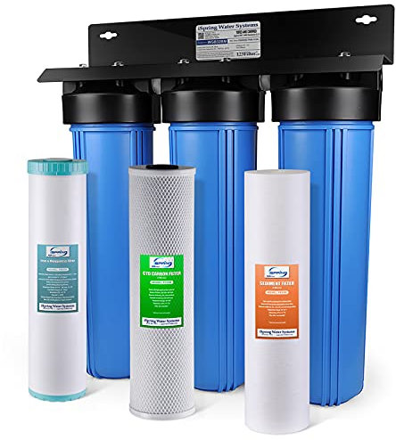 iSpring WGB32BM 3-Stufen-Wasserfiltersystem für das ganze Haus (mit 20 x 4,5 Sediment-, Kohle- und Eisen- und Manganreduzierungsfilter) mit 3/4'' Push-Fit-Edelstahlschlauchanschlüssen