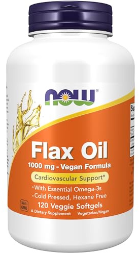 NOW Foods Supplements, Flax Oil 1000 mg with Essential Omega-3s, Cold Pressed, Hexane Free, Vegan Formula, 120 Veg Softgels