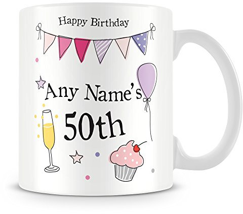 50th Birthday Gift for Women - Personalised Mug/Cup - Add Name - Party Design - Pink