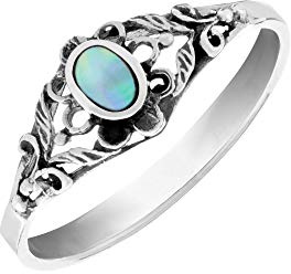 81stgeneration Anillo de Plata de Ley 925 con Cabujón Ovalado de Concha de Abulón y Filigrana Floral para Mujer Estilo Gótico Victoriano Art Nouveau Vintage | Joyería Calada con Hojas