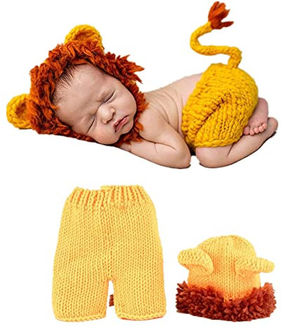 Neugeborenen Wollkostüm Tierform Gelb Kleiner Löwe Weiche Handgefertigte Häkeln Babymütze Fotografie Requisiten für 0-12 Monate