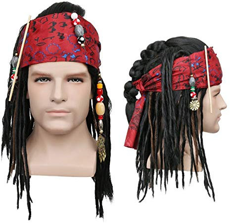 NUWIND Parrucca Pirata Caraibica con Treccia di Perle e Fascia Rossa Accessorio Cosplay per Carnevale Costume da Pirata di Halloween