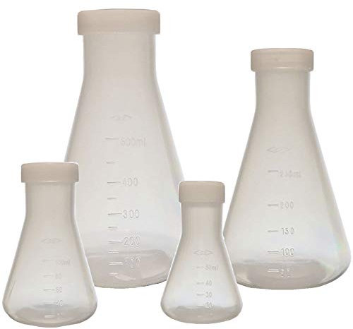 Plastic Erlenmeyer Flask Set with Screw Caps - 4 Sizes - 50, 100, 250, and 500ml, Polypropylene, Molded Graduations, Karter Scientific 252N9