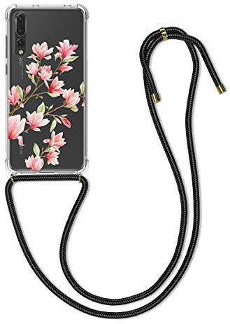 kwmobile Necklace Case kompatibel mit Huawei P20 Pro Hülle - Silikon Cover mit Handykette - Rosa Weiß Transparent Magnolien