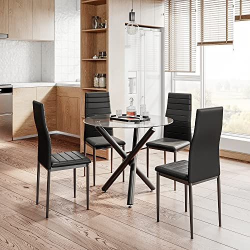 je Dining Table and Chairs Set of 4, High Back PU Leather Chair with Glass Black Leg Table, Black Chairs