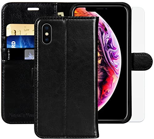 MONASAY Hülle Fit für iPhone XS Max Handyhülle 6.5 Zoll,[Schutzfolie][Kartenfach][Standfunktion][Magnet],Stoßfeste Schutzhülle,Premium Leder Flip Case Fit für Apple iPhone XS Max, Schwarz