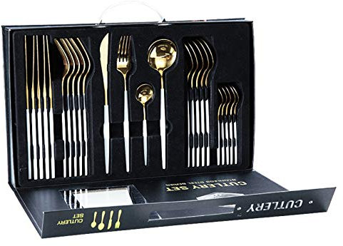 rismart Acero Inoxidable 24 Piezas De Cuberteria Utensilios Cubiertos Vajilla Incluso Mesa Cuchillo, Cucharas de Café, Tenedores Oro Blanco