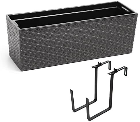 Balkonkasten Pflanzkasten Blumenkasten Wasserspeicher Kunststoff Geländerkasten flexible Metallhalterung pulverbeschichtet 56 x 18,5 x 19,5 cm 3 Oberflächendesign 5 Farben (Anthrazit, Rattanoptik)
