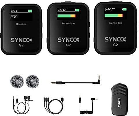 SYNCO G2 A2 2.4G Wireless Lavalier Microphone 1-Trigger-2 150Hz Low-Cut with OLED Display for Smartphone Laptop DSLR Tablet