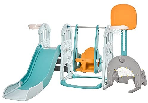HOMCOM 5 en 1 Tobogán y Columpio para Niños +18 Meses con 2 Canastas de Baloncesto Portería Fútbol con Asiento Ajustable Parque Infantil Interior y Exterior 210x186x133 cm Multicolor