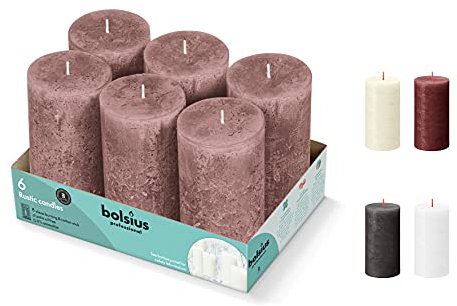 BOLSIUS Rustik Stumpenkerzen Wildleder, 7,9 x 12,7 cm, hohe Qualität, natürliches, umweltfreundliches Wachs pflanzliche Basis, geruchlos tropffrei rauchfrei 60 Stunden Party-Hochzeitskerzen, 6 Stück