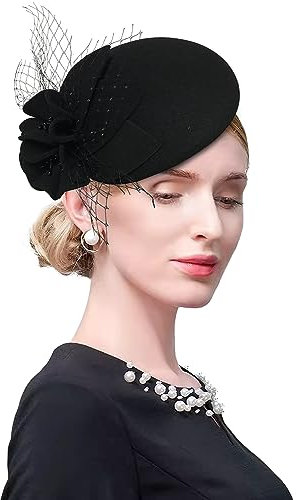 ELLYDOOR Fascinator aus Wolle, für den Winter, britischer Wollfilzhut für Damen, Hochzeit, Kirche, Blume, Fedoras, 2006, Schwarz, Einheitsgröße