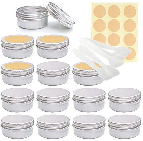 LusDoly Pack of 100 Empty 50ml Silver Aluminium Tins with Lids - Ø57x28mm Aluminum Screw Pots Travel Round Cosmetic Cream Jars Container for Candle Lip Balm, Salve, with Labels & Spatulas
