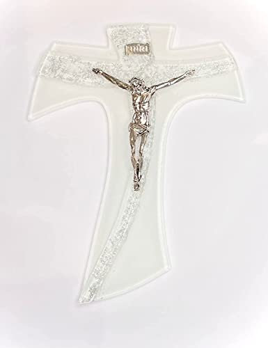 Kreuz Tau aus Muranoglas mit Korpus im Silberbad in verschiedenen Größen (26 x 19 cm)