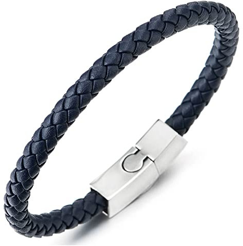 COOLSTEELANDBEYOND Dünn Dunkelblau Leder Armband für Herren Damen Geflochtenes Leder Armreif Schweißband mit Edelstahl Magnetverschluss