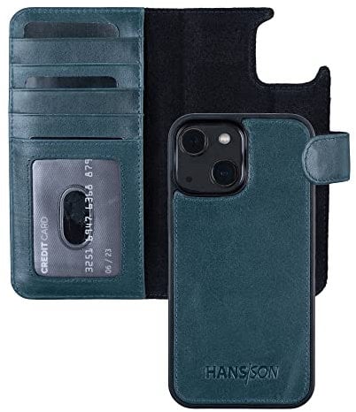 HANS/SON Hülle aus Echtleder kompatibel mit iPhone 13, Farbe, Lederhülle mit Kartenfächern, abnehmbarem Case und MagSafe (Petrol)