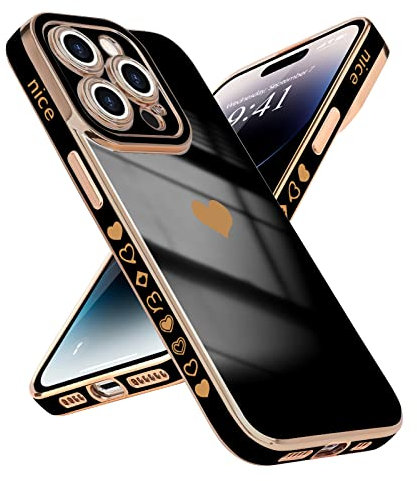 Wirvyuer for iPhone 14 Pro Max Case Cute Nice Heart Design for Women Girls Luxury Gold Plating Soft TPU Bumper Cover Full Camera Protection Shockproof Bling Phone Case for iPhone 14 Pro Max, Black