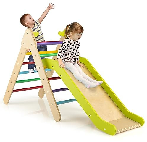 DREAMADE Triangle d'escalade avec Toboggan en Bois 3 en 1 Jouet Montessori pour Grimper & Glisser Convient à Enfants 1+ Ans (Multicolore)