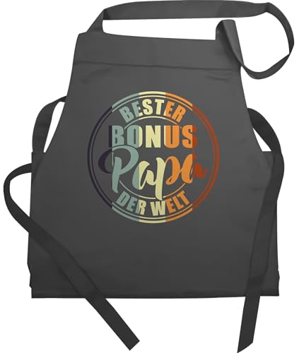 Schürze Geschenk - zum Vatertag - Bester bonus Papa der Welt I Stiefvater - 60x87 - Anthrazit - männertag stiefpapa grillschürze vatertags bonuspapa kochschürze fatertagsgeschenke ziehvater
