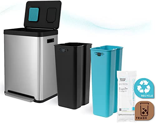 Home Zone Living CleanAura Küchenabfalleimer mit zwei Fächern für Recycling, Geruchskontrolle, Edelstahl, Silber, 70 Liter insgesamt, Gen 1