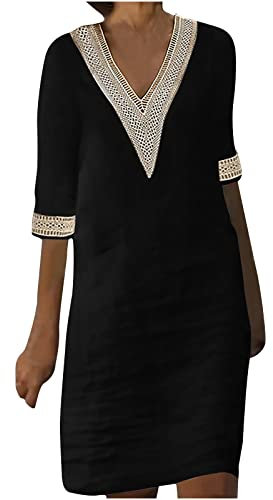 Summer Dress for Women UK Cotton Linen Shirt Dress V Neck Crochet Lace Shift Solid Cap Sleeve Casual Elegant Plus Size Party Ladies Holiday Black S