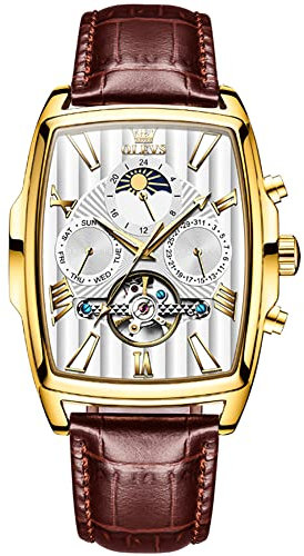 OLEVS Herren-Armbanduhr, quadratisch, luxuriös, automatisch, selbstaufziehend, Skelett, braun, atmungsaktiv, Lederband, Kleid, mehrere Kalender, wasserdicht, Mondphase, stilvolles Geschenk, Gold und