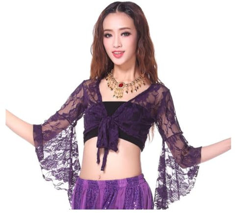 Women Belly Dance Top, 3/4 Flared Sleeve Wrap Top, Knot Bandage Floral Shawl Crop Top for Dancewear, Lace Butterfly Crop Tops Tribal Belly Dance Yoga Costume Accessories for Women Girls Purple