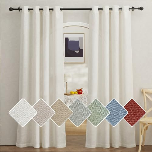 PONY DANCE Linen Curtains for Living Room Ösenvorhang 2er Set H 200 x B 140 cm Leinen Gardinen Wohnzimmer Leinenvorhänge Boho Landhaus Gardine Leinenoptik Halbtransparent, Creme