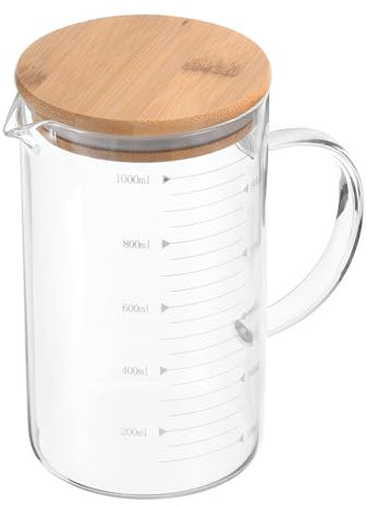 PATIKIL 1000ml Glass Measuring Cup, 3.3 Borosilicate Glass Graduated White Printed Scale Liquid Measure Cups Beaker with Wood Lid and V-Shaped Spout for Kitchen