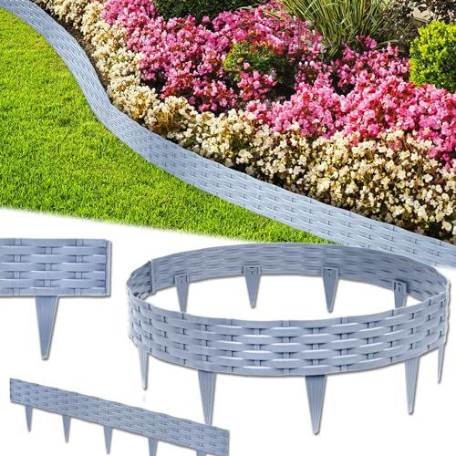 VA-Cerulean Kunststoff Rasenkante,30M Rattan-Optik Beeteinfassung,Beetumrandung Palisade,Gartenpalisade,Beetzaun,Randsteine,Grau,1 Element (L x H): 100 x 20cm,30 Stück