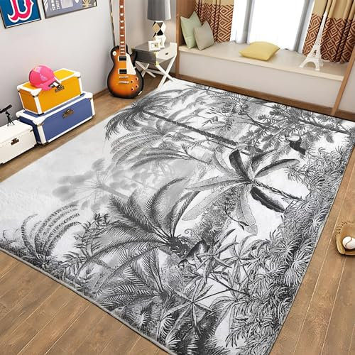Teppich Waschbar in Waschmaschine Tropische Pflanze grau Teppich Wohnzimmer Wohnkultur Flanell Rug Couchtisch Schlafzimmer Nachttisch Matte Großer Teppich 180 x 240cm