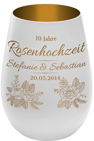 Windlicht mit Gravur ''10 Jahre Rosenhochzeit'' - Weiß/Gold - Glas Teelichthalter personalisierbar mit Wunschtext - Geschenk zu Valentinstag Hochzeit Verlobung Jahrestag