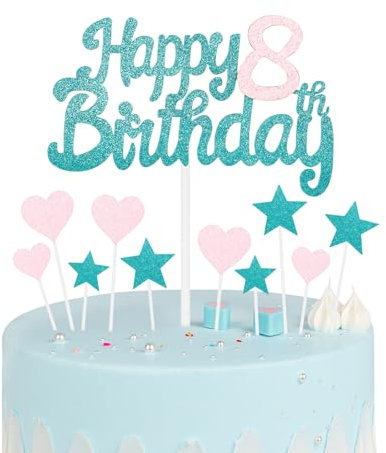 Blue & Pink 8th Birthday Cake Toppers - Glitter Heart Stars & Personalised Happy Birthday Cake Cupcake Toppers for Girls' Parties