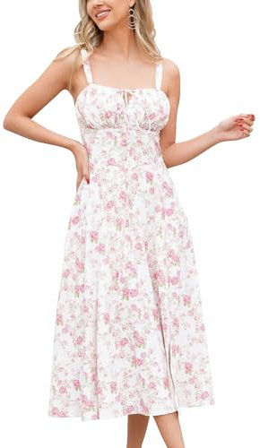 IBAKOM Femmes Robe d'?t? Spaghetti Bretelles Robe de Printemps Boh?me Robe Avant Fourche Swing Midi Sun Jupe F?Te Vacances Plage Robe Rose L