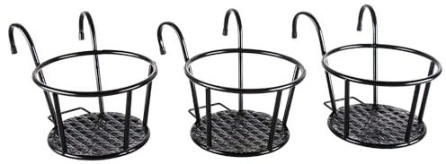 ABRFC Iron Art - Cestas colgantes para macetas sobre el riel, maceta de metal con gancho, decoración interior y exterior para barandilla, balcón, jardín (paquete de 3, negro)