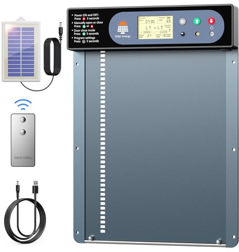 CHAMUTY Aluminum Hühnerklappe Solar, Automatische Hühnerklappe mit Anzeigebildschirm, Lichtsensor, Timer, Fernbedienung, Elektrische Hühnerklappe Automatisch Hühnertür, Intelligenter Einklemmschutz