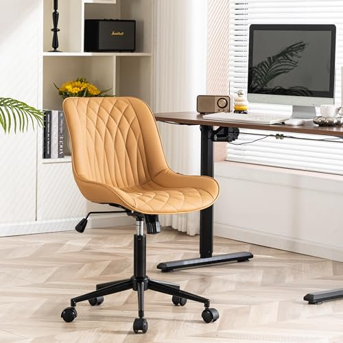 YOUNIKE Bürostuhl Schreibtischstuhl PU-Leder, Drehstuhl Höhenverstellbar Ergonomisch Computerstuhl Ohne Armlehnen, Gepolsterter Bürostuhl mit Rückenlehne und Rollen, Braungelb