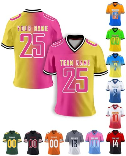 Custom American Football Jersey Personalised Team Name Number Tops Customised Football Shirt for Women Men Girl Kids, Pink Yellow