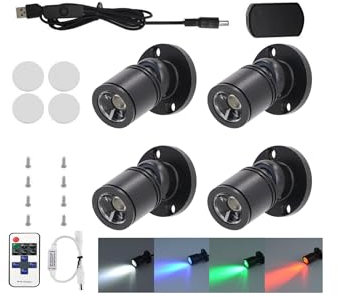 ANYPOWK Mini Spots LED 5V Dimmables - 1.5W 150lm avec Couleurs Variées (Rouge, Vert, Bleu, Blanc) et Télécommande Sans Fil - Spots Compacts pour Éclairage de Présentation, Pack de 4