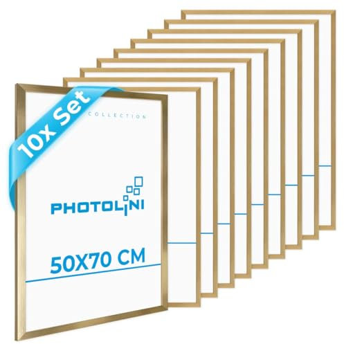 PHOTOLINI Cadre 50x70 bois doré MDF, lot de 10 cadre pour puzzle 50x70 et posters, cadre photos avec verre acrylique incassable, cadre photo 70x50 à suspendre, cadre poster 50 x 70 avec accessoires