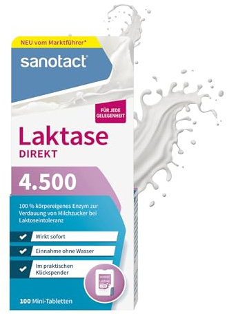 sanotact Laktase Direkt 4.500 Mini-Tabletten – 100 Stück | Für Laktoseintoleranz | Sofortige Wirkung | Ohne Wasser einnehmbar | Praktischer Klickspender