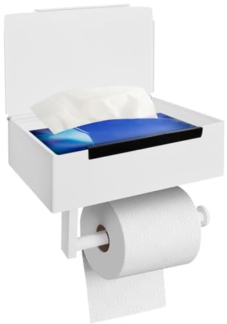 Toilet Paper Holder with Storage Box White Toilet Roll Holder Wall Mounted Self Adhesive No Drill Toilet Paper Holder Stainless Steel with Shelf for Bathroom Washroom Toilet Kitchen White (style A)