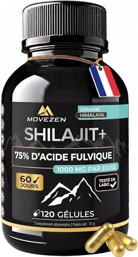 Shilajit+ Gélules Movezen Himalaya, 120 Gélules Véganes, Sans Goût, ≥75% d’Acide Fulvique, 1000 mg par Dose, Jusqu’à 120 Jours, Testé en Laboratoire Eurofins, Complément Alimentaire, Marque Française