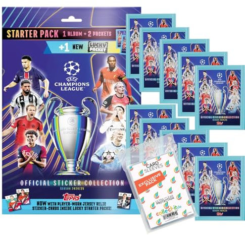 Bundle mit Topps - Champions League 2024/2025 - Sammelsticker - 1 Starterpack + 10 Tüten + Exklusive Collect-it Hüllen