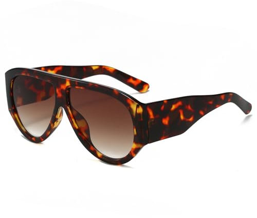LJCZKA Vintage Übergroße Sonnenbrille für Damen Herren Retro Piloten Sonnenbrille Trendy Ovale Dicker Rahmen Brille Mode mit UV Schutz (Leopard Braun)