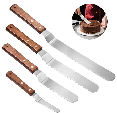 4PCS Spatule Coudée Pâtisserie, Spatule Inox Cuisine avec Manche en Bois Idéale pour Gâteaux, Crêpes, Lissage et Décoration