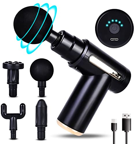 Massagepistole Mini, Mini Massage Gun Muskel Massagegerät Tragbar mit 6 Geschwindigkeiten Handmassagegerät mit USB C Ladeanschluss Massagepistole, 4 Massageköpfen, 40DB Ultra Leise