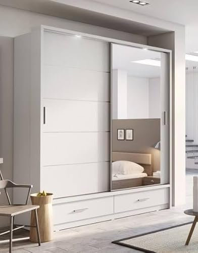 Modern Mirror Sliding Wardrobe, 2-3 Doors, LED Lights, High Gloss Finish, Storage Cabinet with Rails, Shelves, Drawers, Bedroom Furniture (White, 150cm)